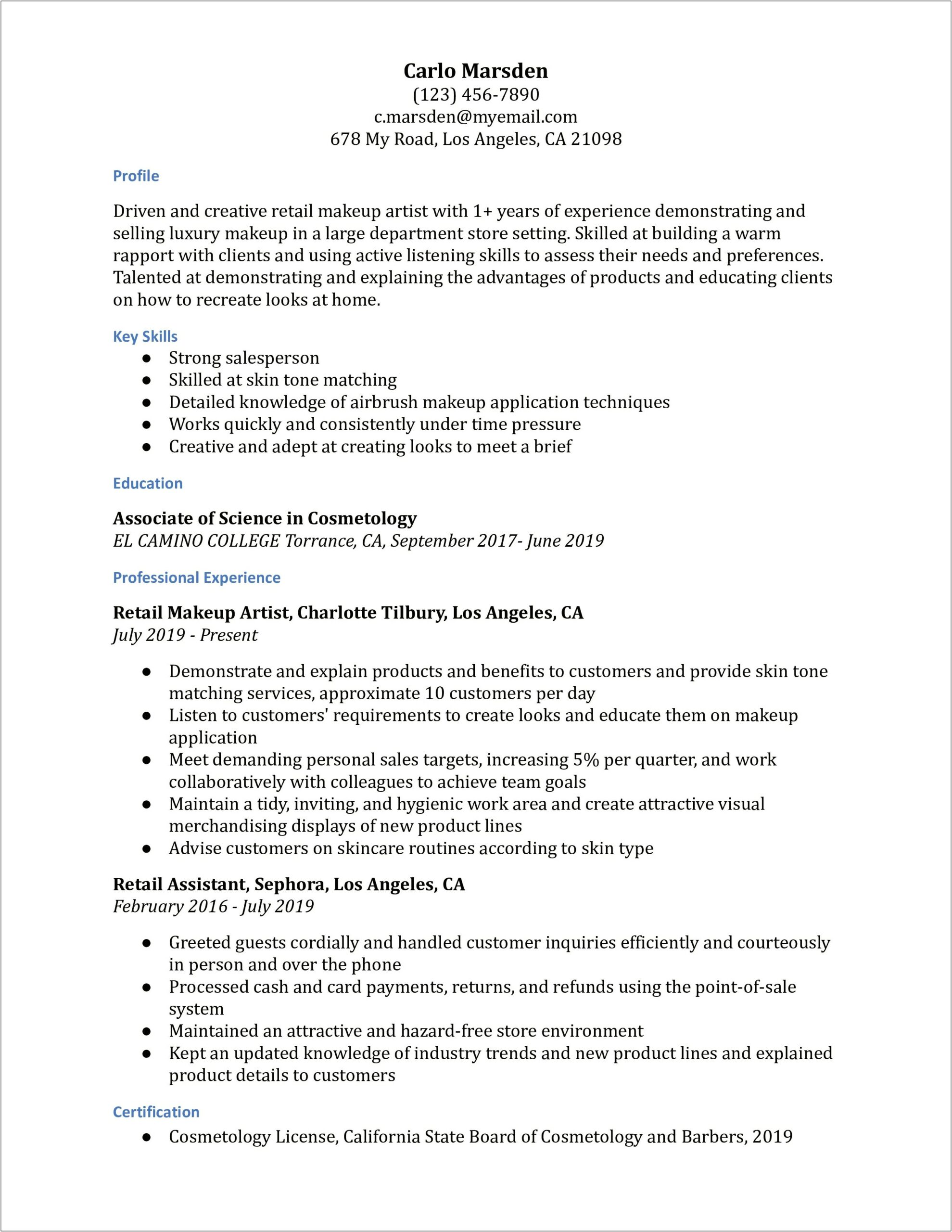 Resume Writing Examples For Makeup Artists