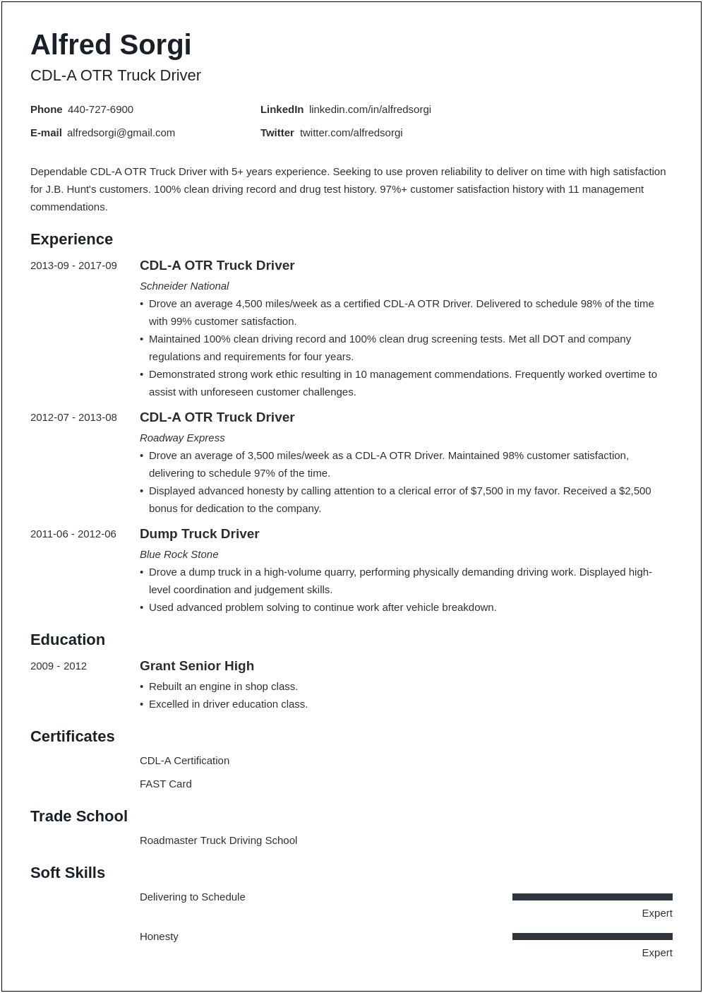 Resume Writing For Cdl Truck Driver Previous Job