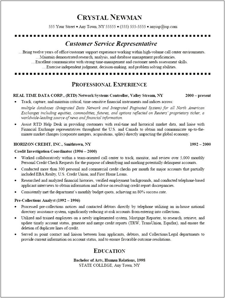 Resumes Examples For Customer Service Reps