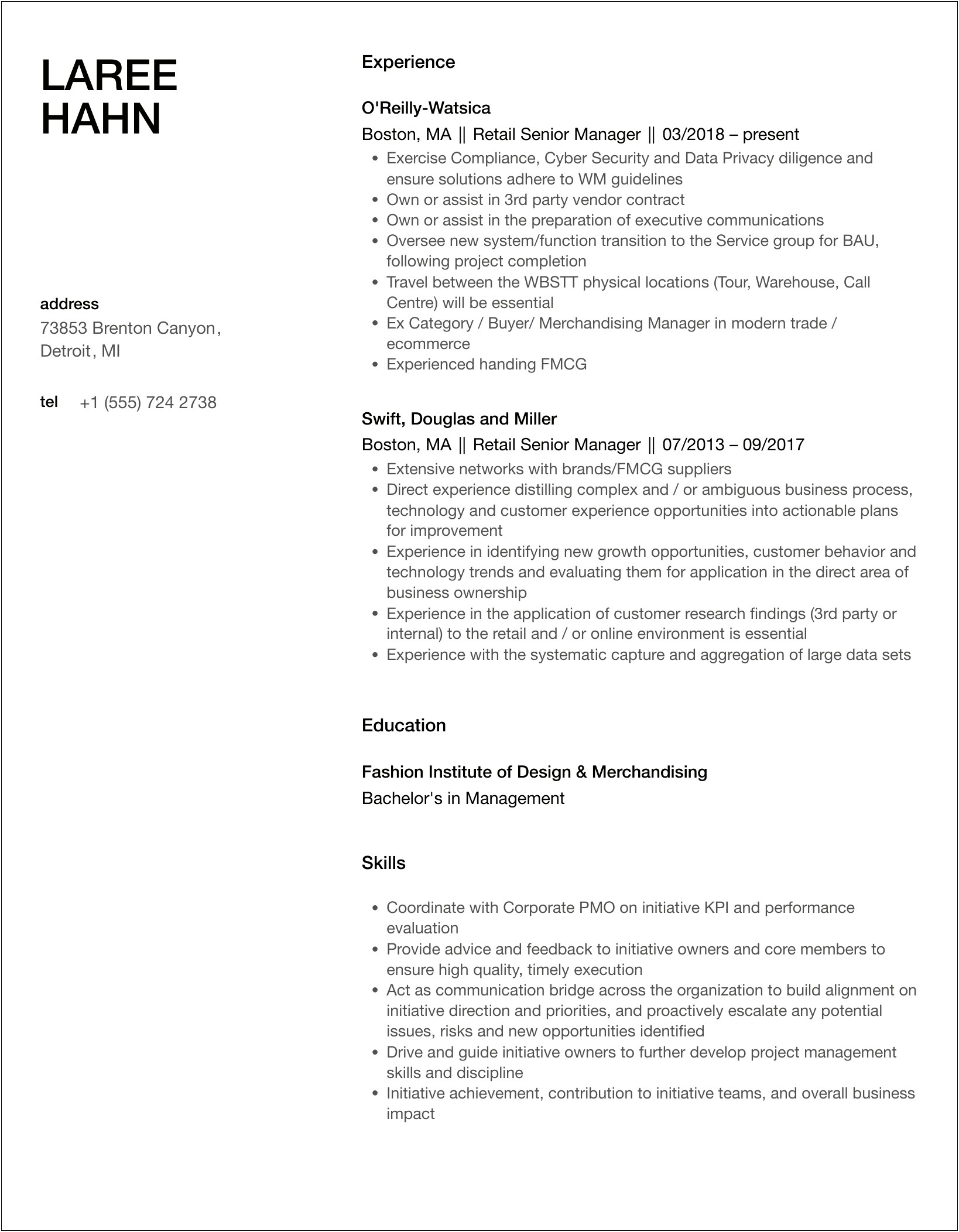 Retail Clothing Manager Senior Level Resume