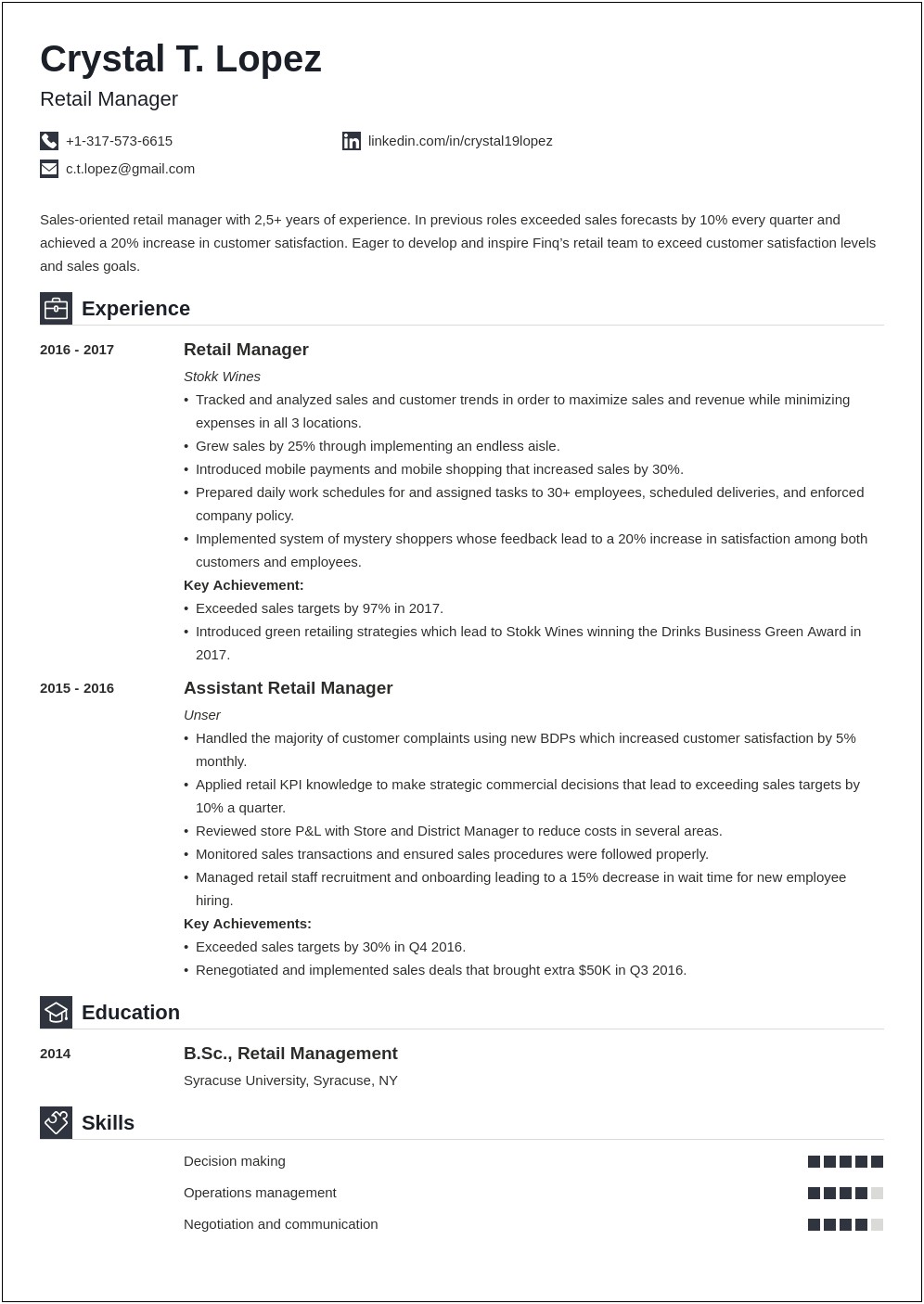 Retail Dept Manager Resume Bullet Points