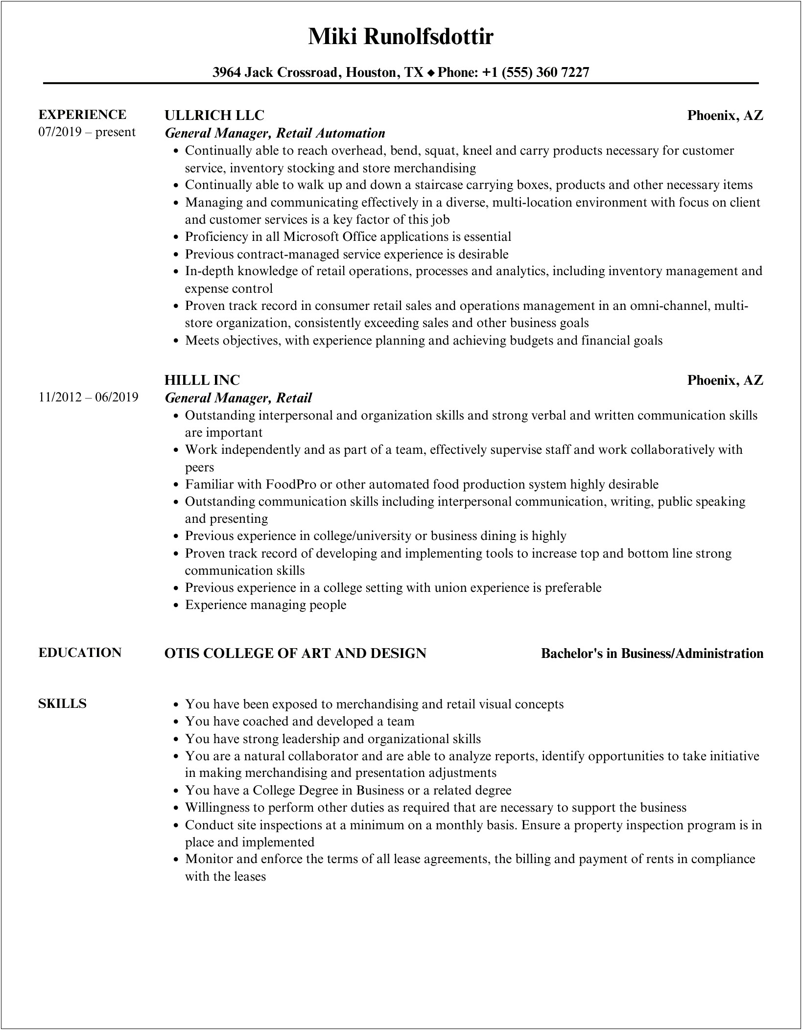 Retail General Manager Job Description For Resume