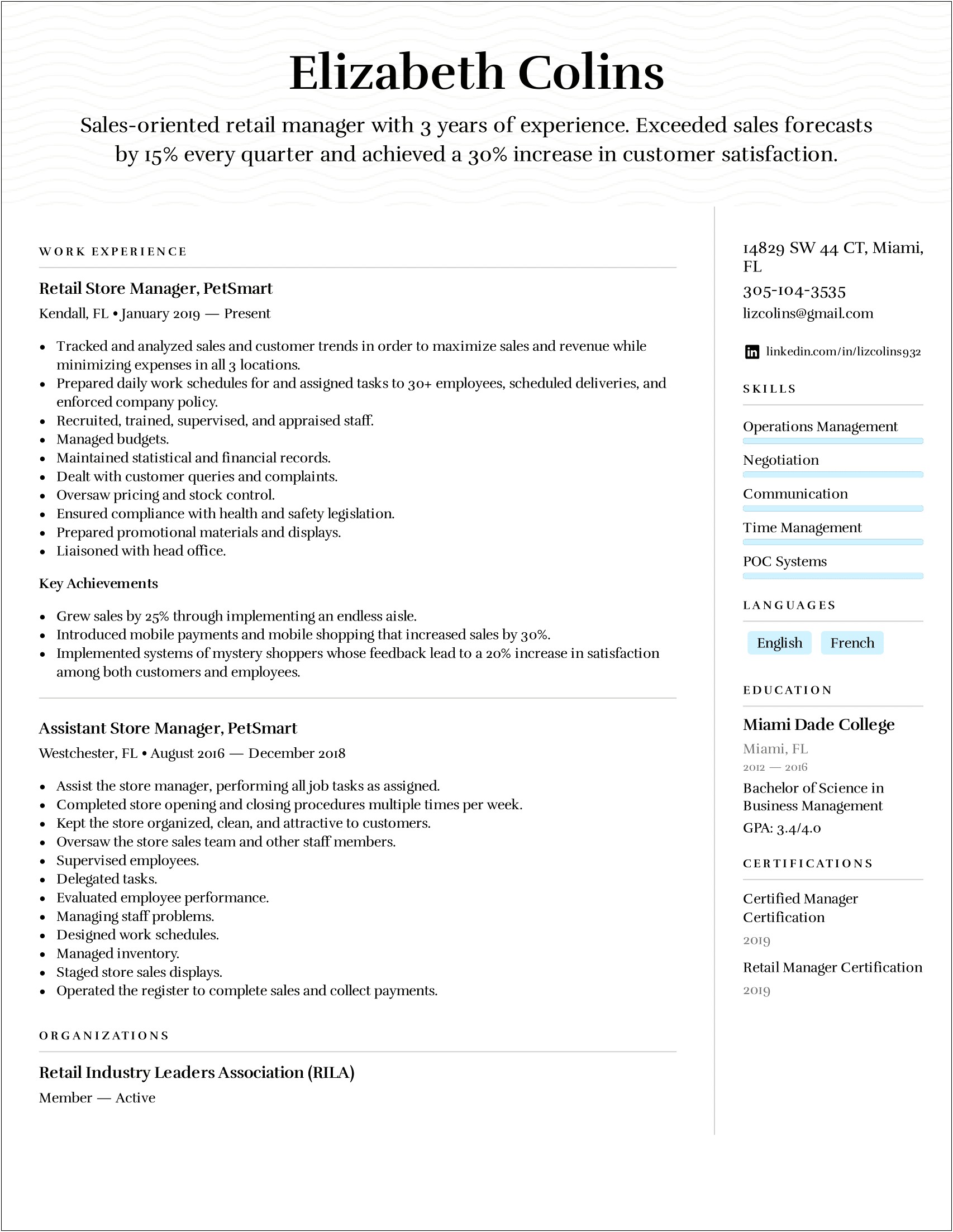 Retail Manager Experience Tasks On Resume