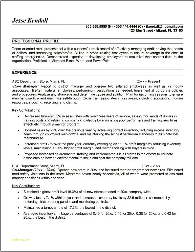 Retail Manager With Food Resume Examples