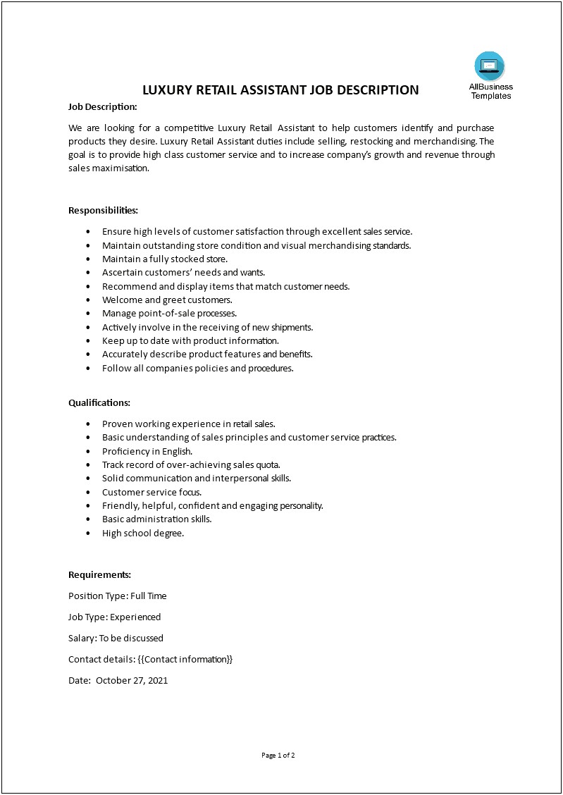 Retail Merchandiser Job Description For Resume