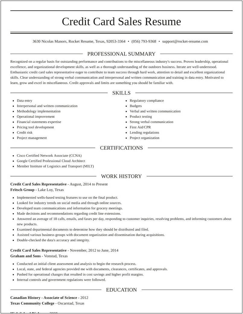 Retail Sales Credit Card Resume Examples