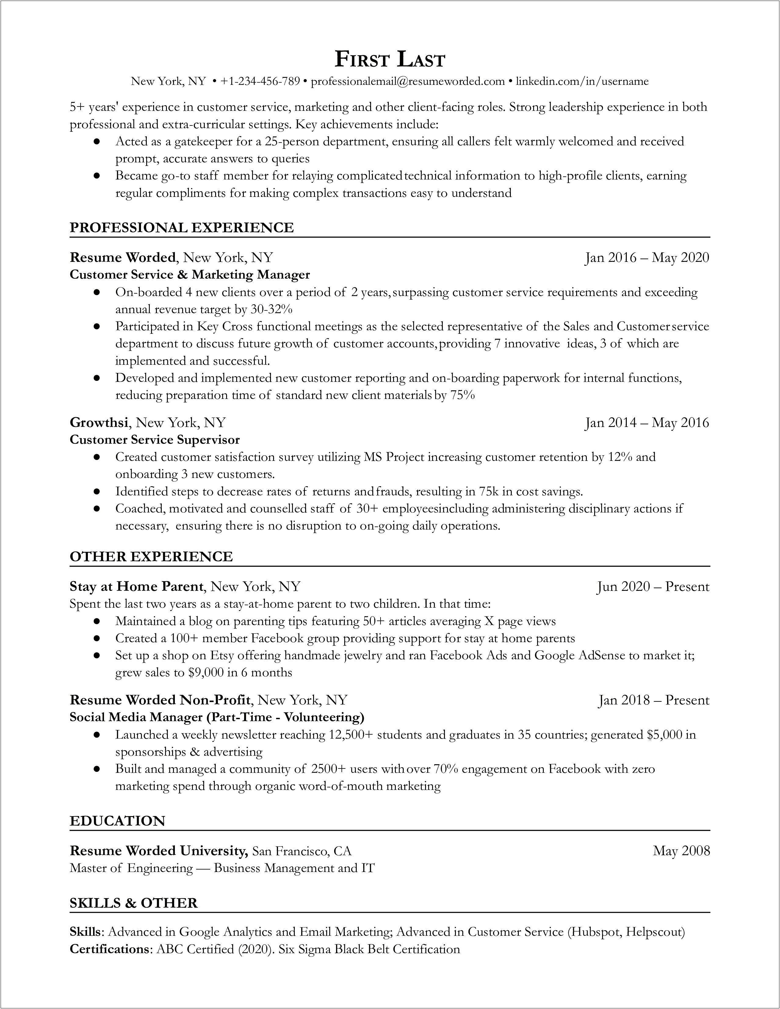 Return To Work Mom Resume Sample