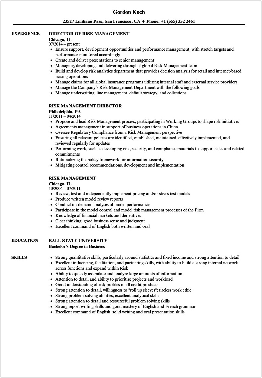 Risk Assessment Bullet Point For Project Manager Resume