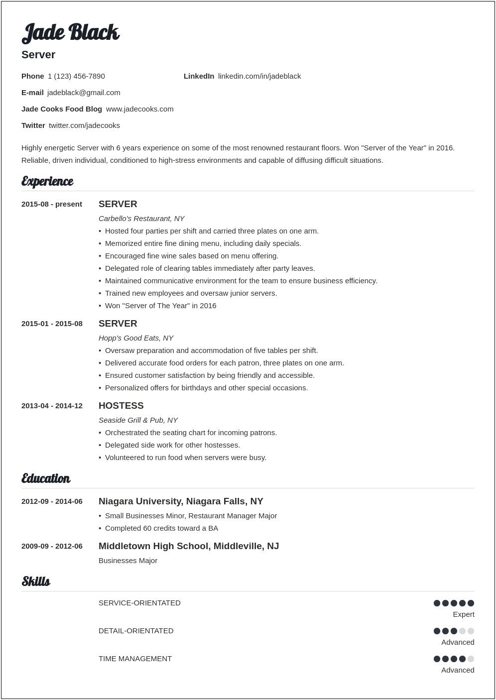 Role Description For Resume Of A Server