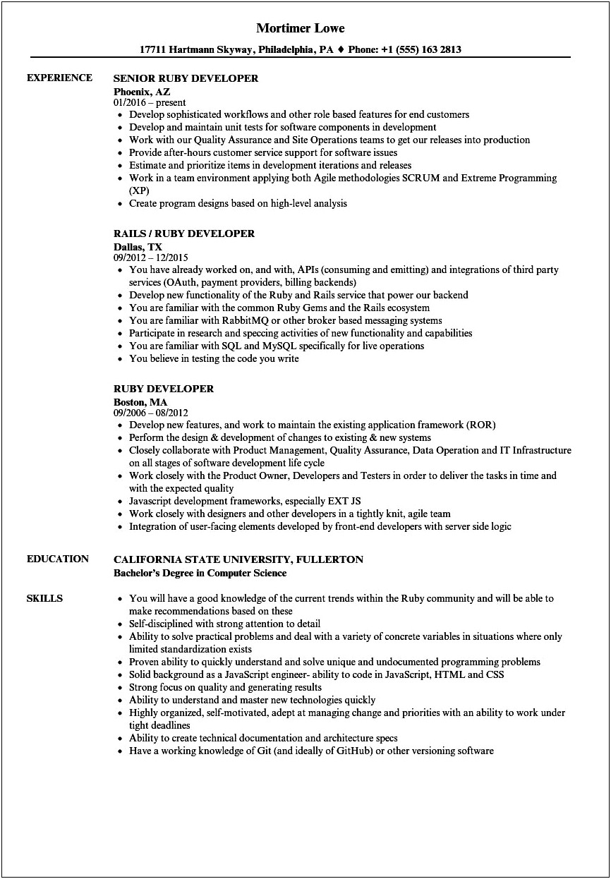 Ruby On Rails 10 Year Experience Resume