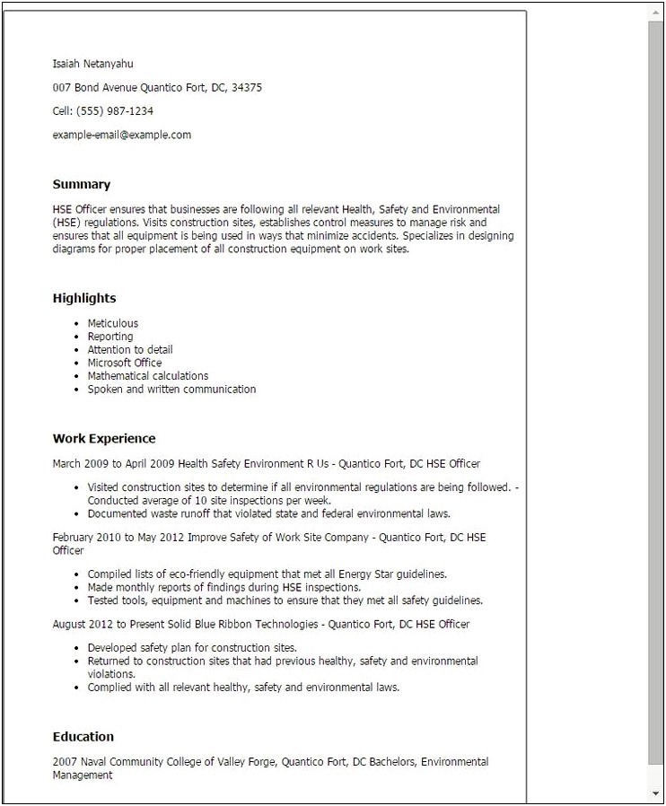 Safety Officer Sample Resume Download Pdf