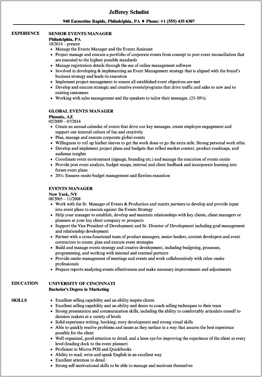 Sales And Event Manager Job Description Resume