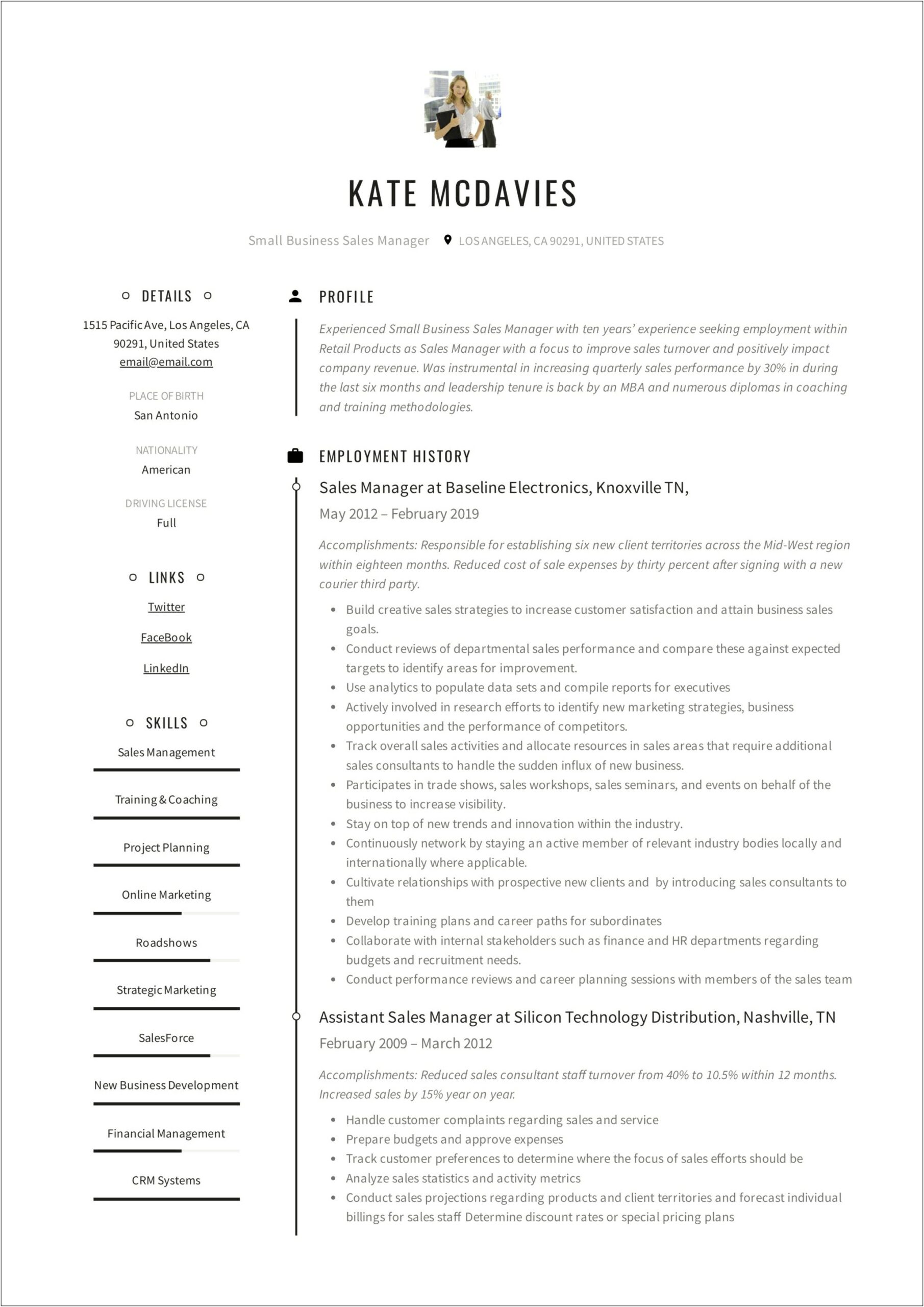 Sales And Service Manager Resume Sample