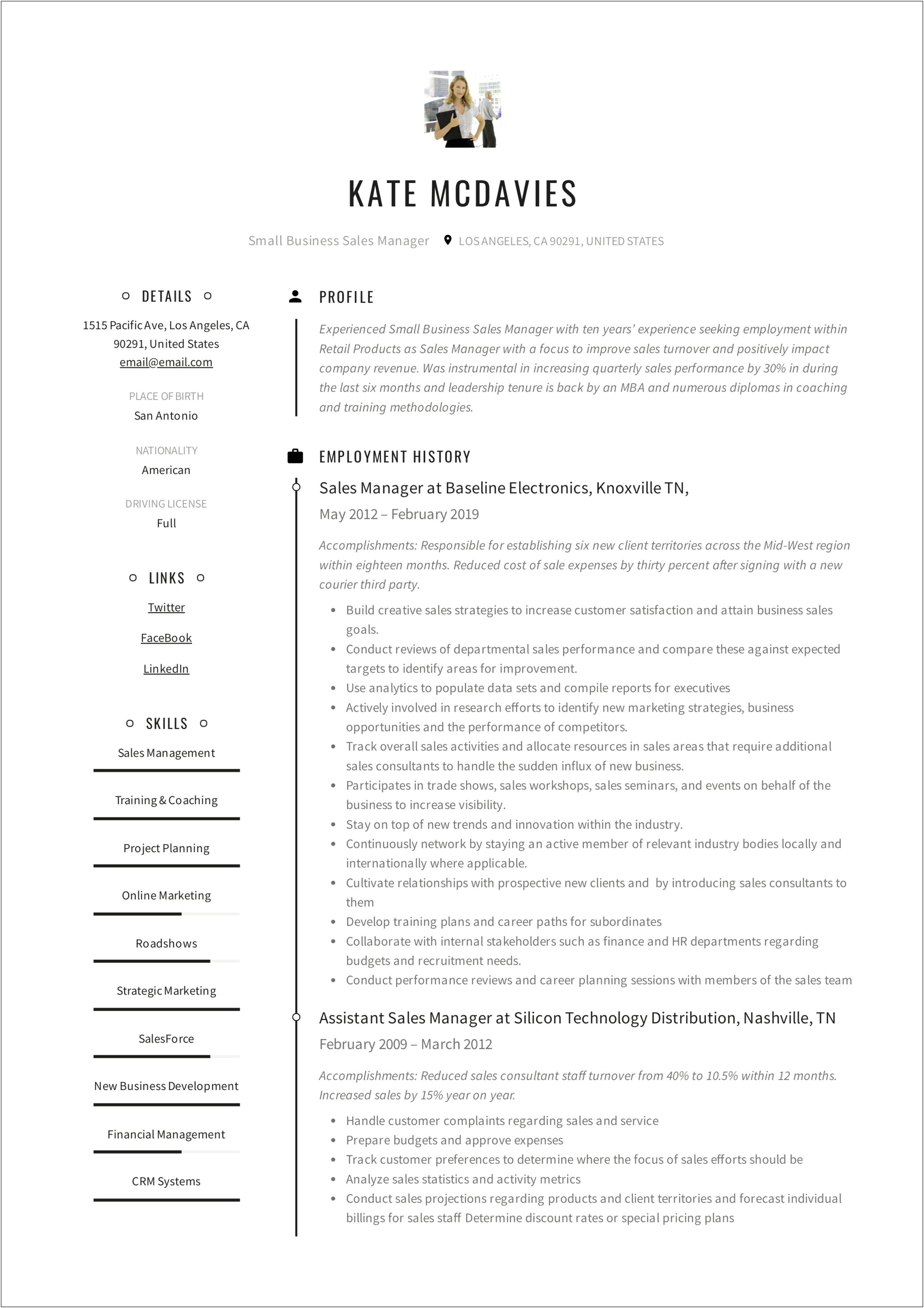 Sales And Service Manager Resume Sample