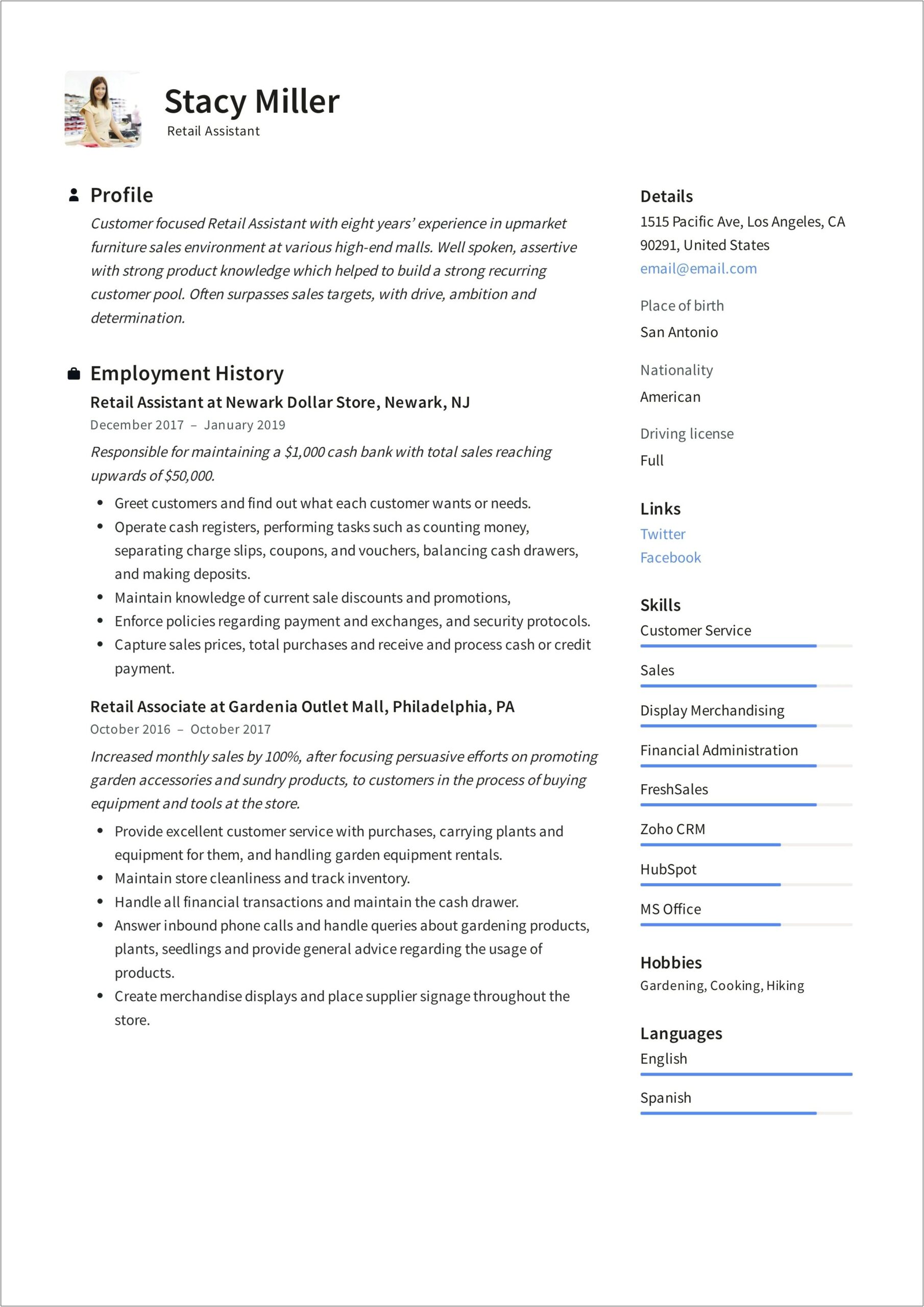 Sales Assistant Job Description Resume Sample