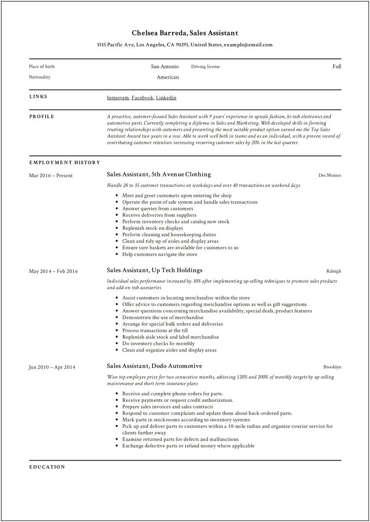 Sales Girl Job Description For Resume