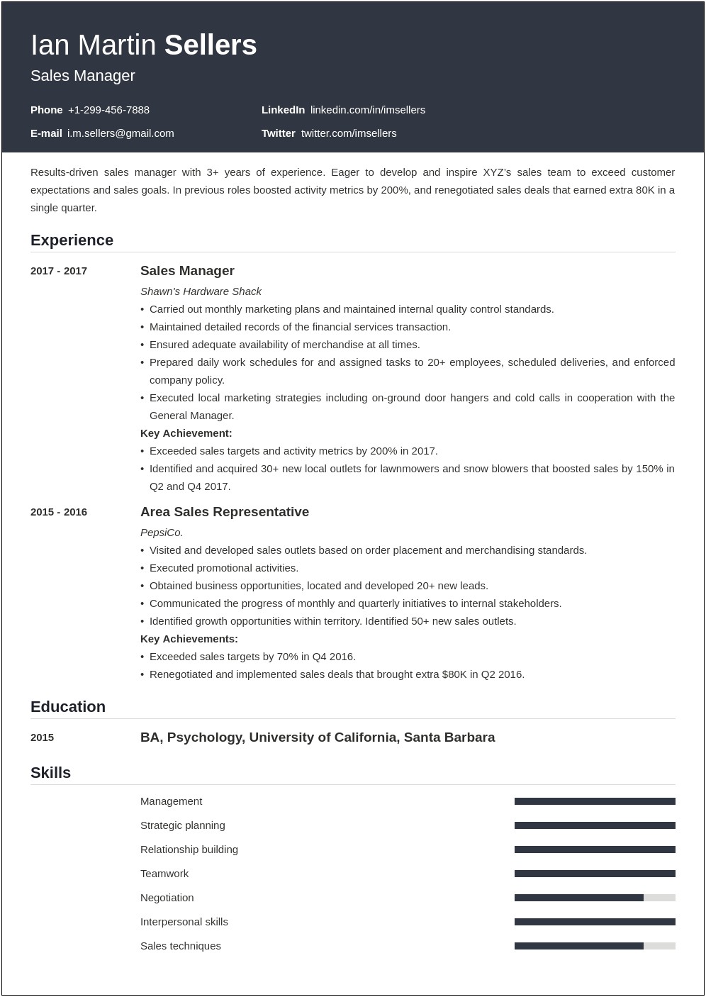 Sales Manager Job Description Resume Sample