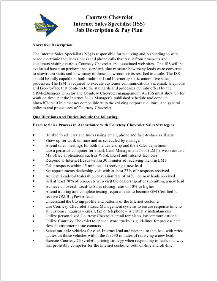 Sales Specialist Job Description Sample Resume