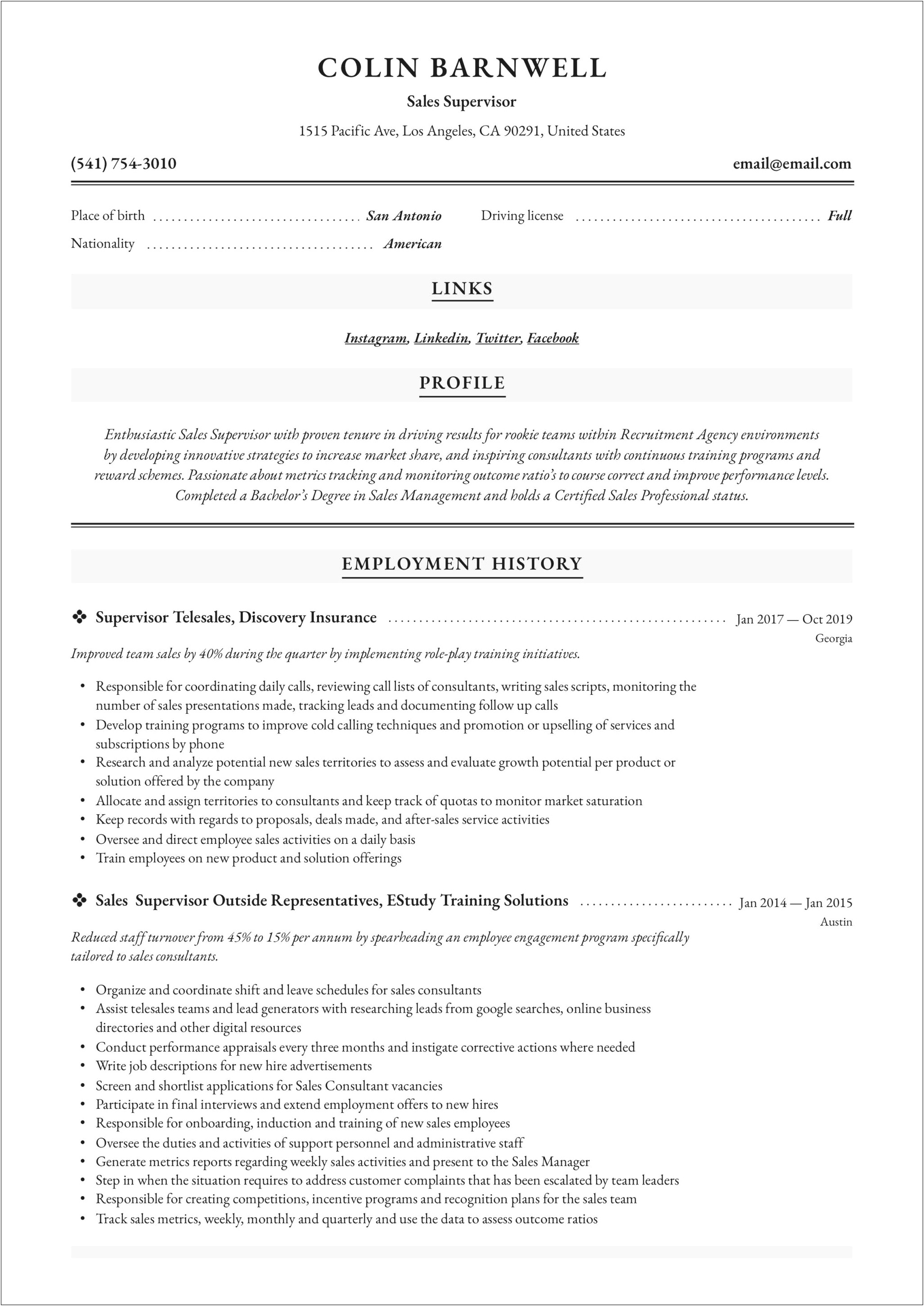 Sales Supervisor Job Description For Resume