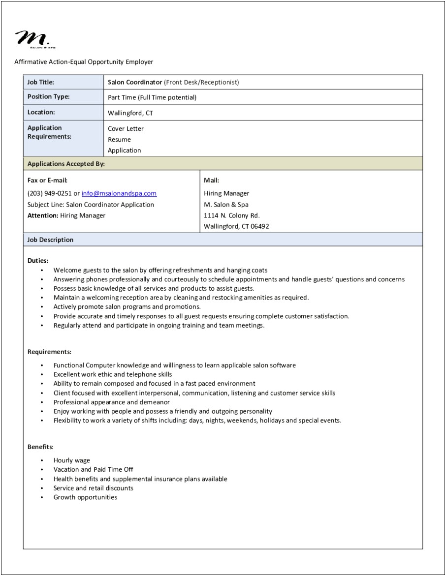 Salon Receptionist Job Skills For Resume