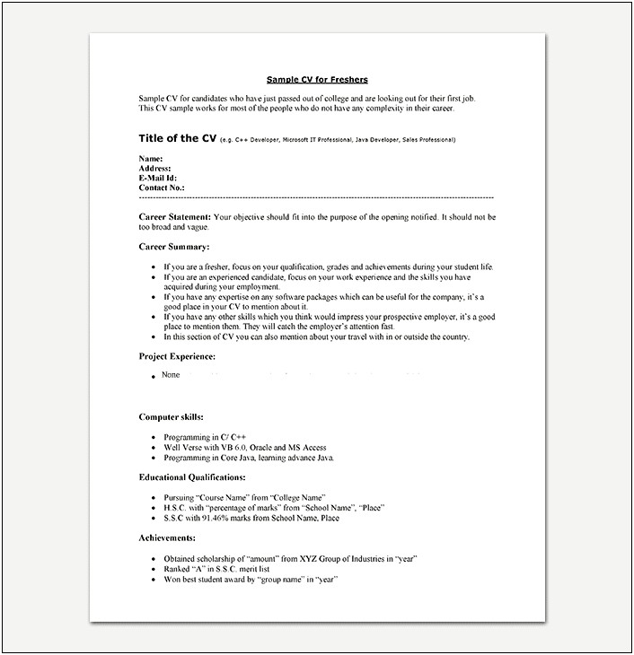 Sample Achievements In Resume For Freshers