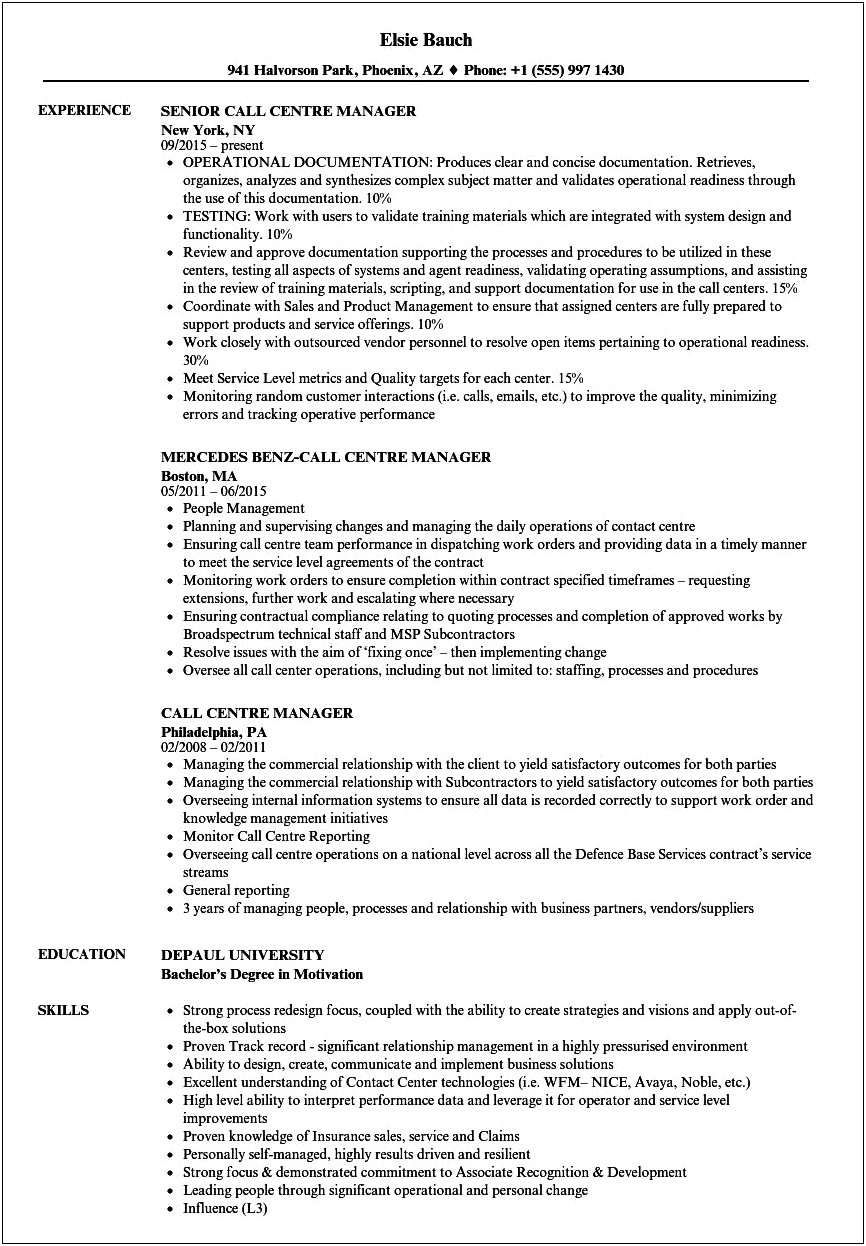 Sample Call Center Management Resume Summary