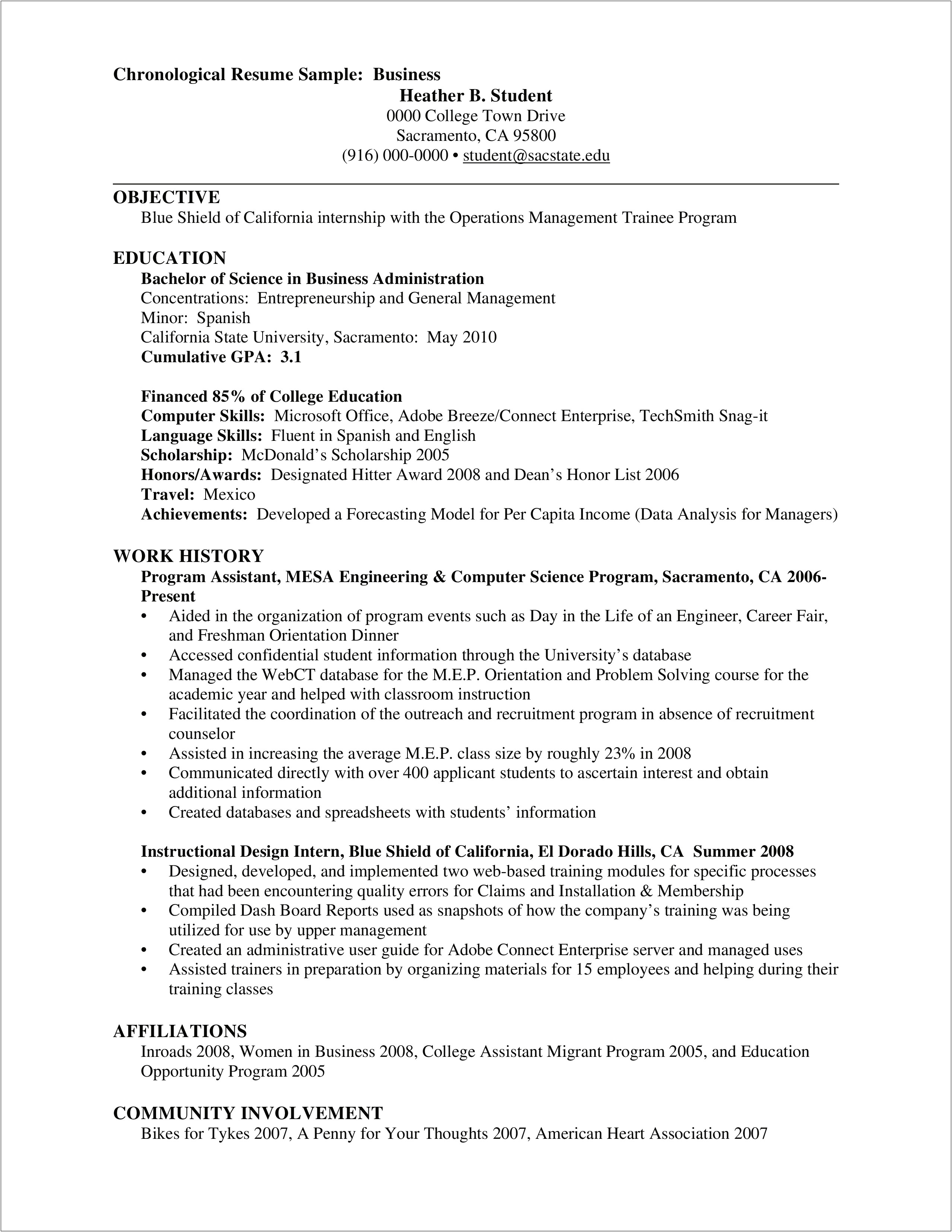 Sample Chronological Resume For Scientific Objective