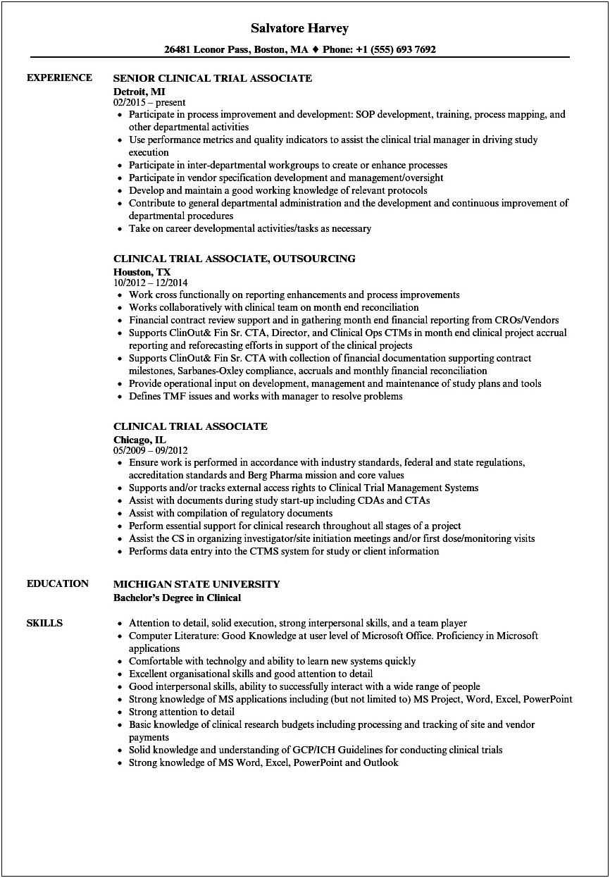 Sample Clinical Research Project Manager Resume