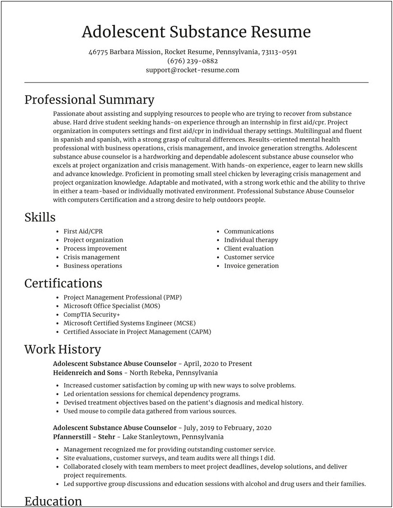 Sample Clinical Substance Abuse Counselor Resume