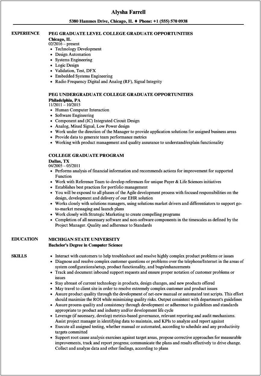 Sample College Graduate Resume In Computer Programming