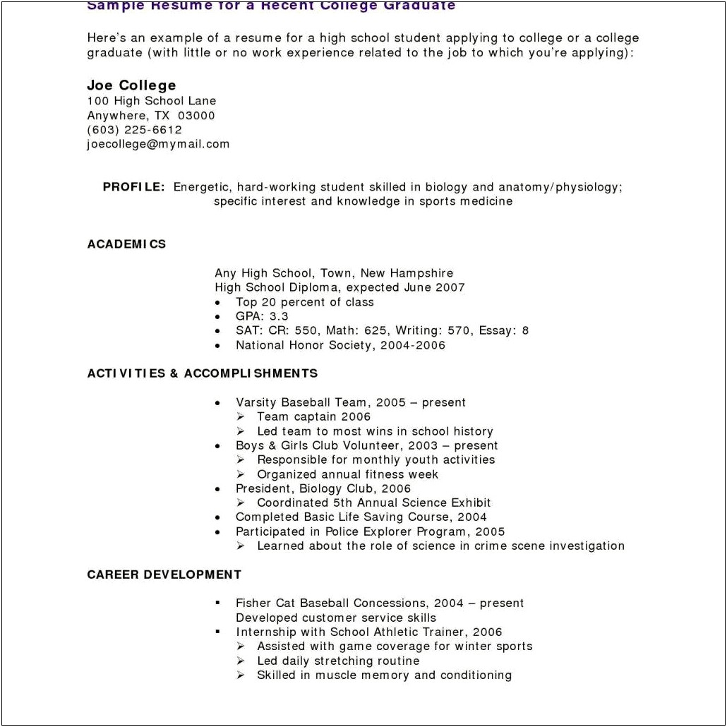 Sample College Student Resume For No Work Experience