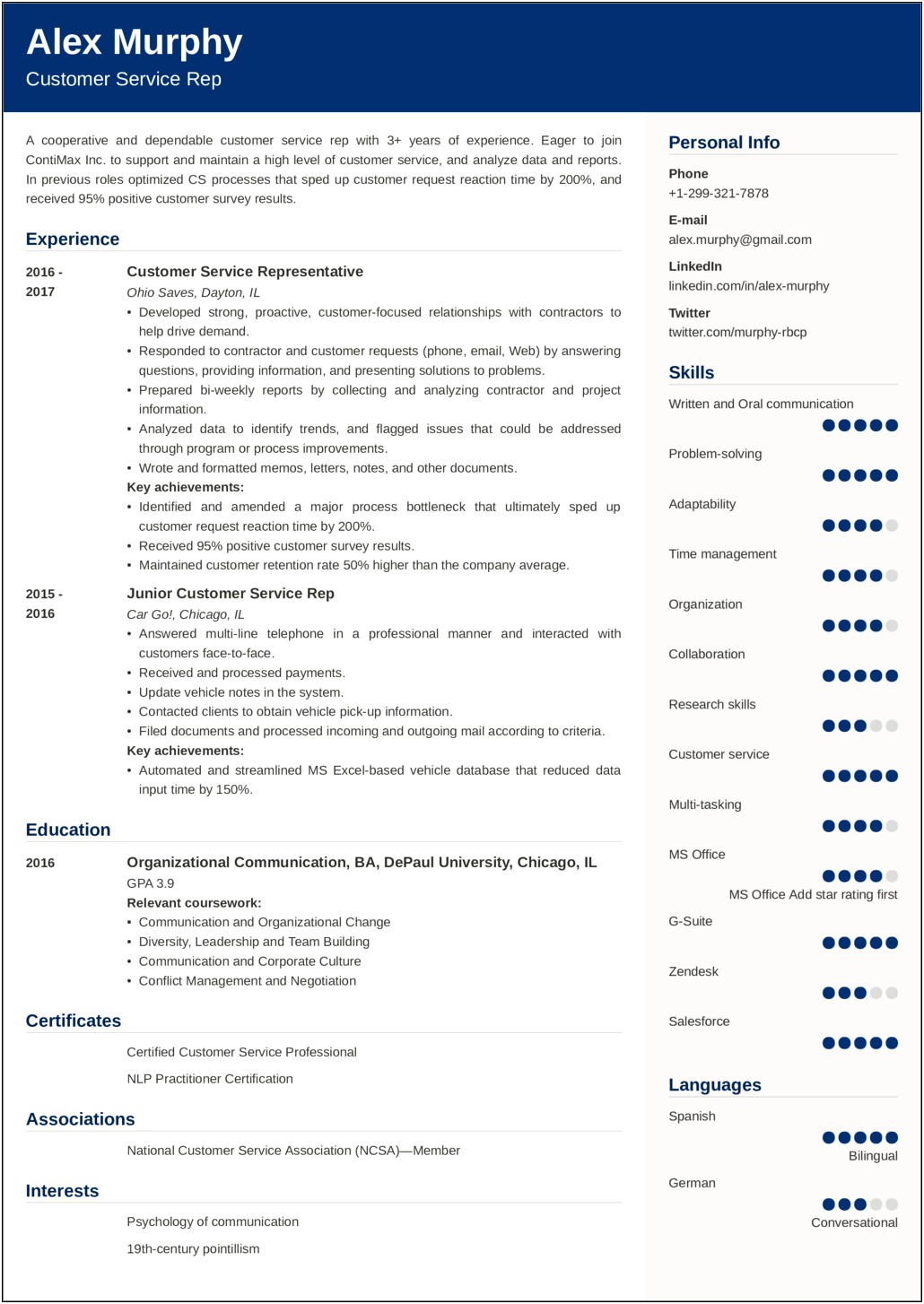 Sample Copy Of Customer Service Resume