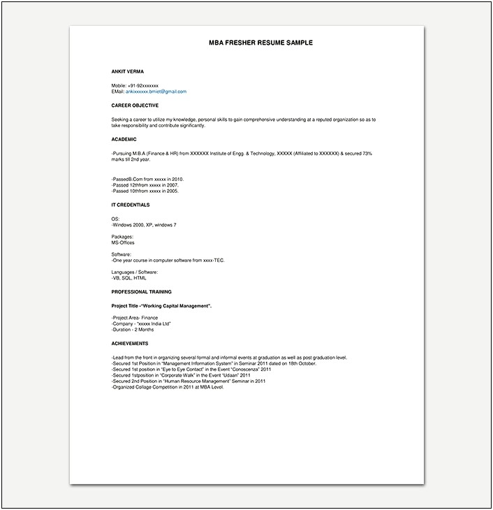 Sample Copy Of Resume For Freshers