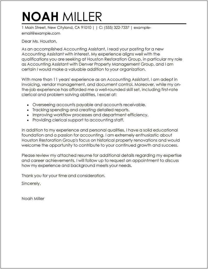 Sample Cover Letter Accompanying A Resume