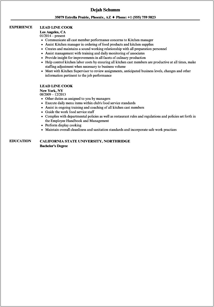 Sample Cover Letter For Cook Resume