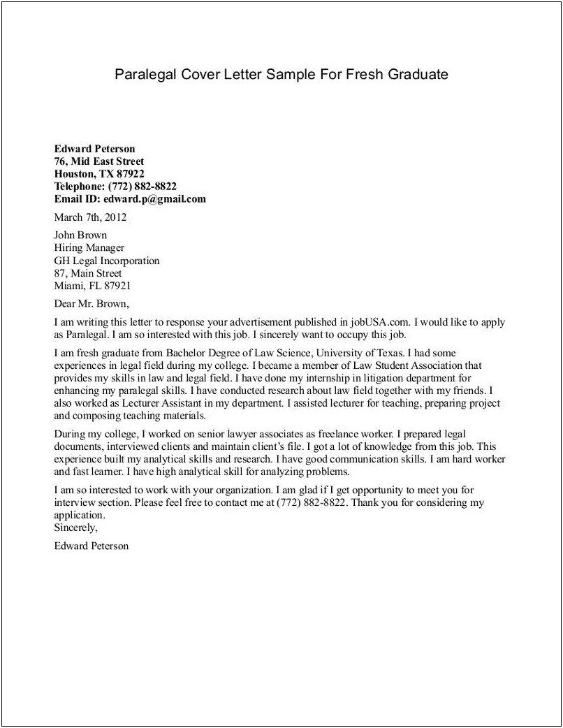 Sample Cover Letter For Graduate School Resume