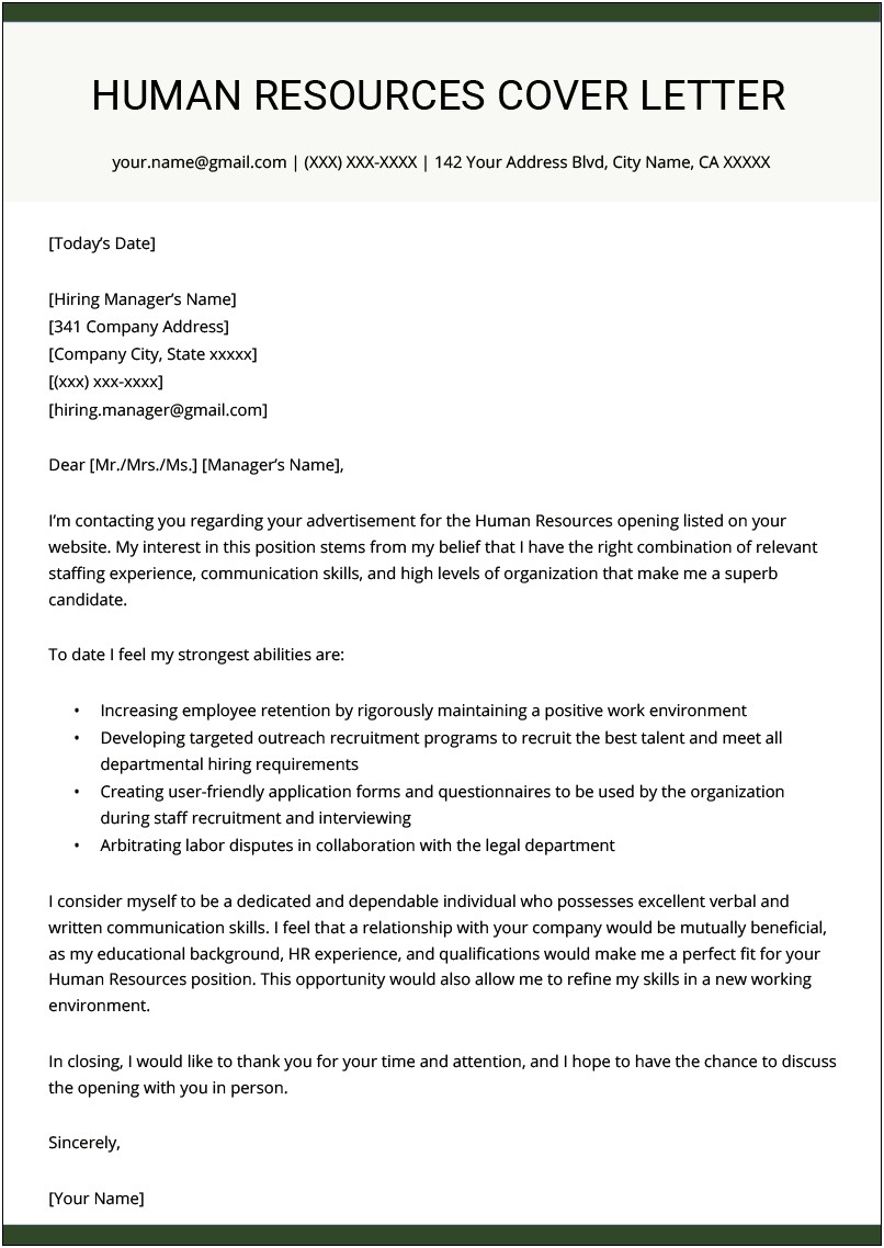 Sample Cover Letter For Hr Manager Resume