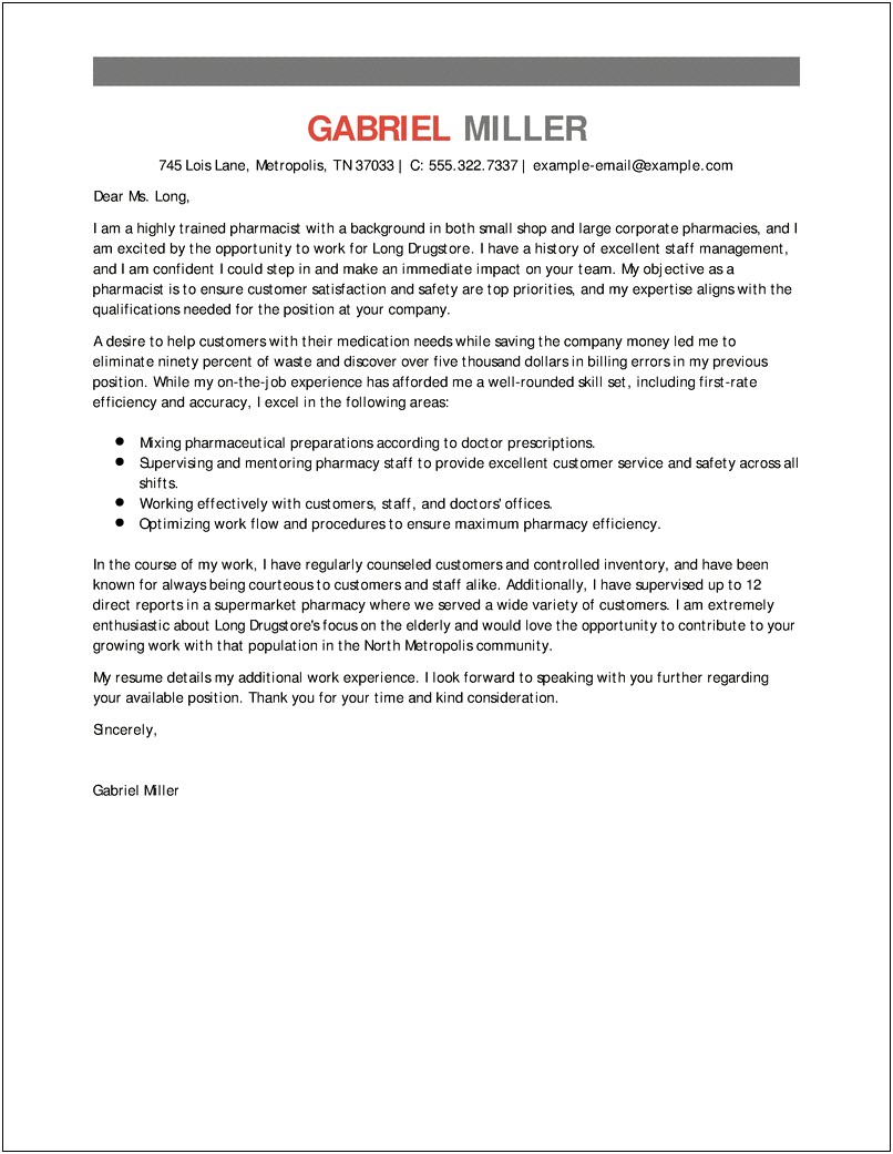 Sample Cover Letter For Pharmacist Resume