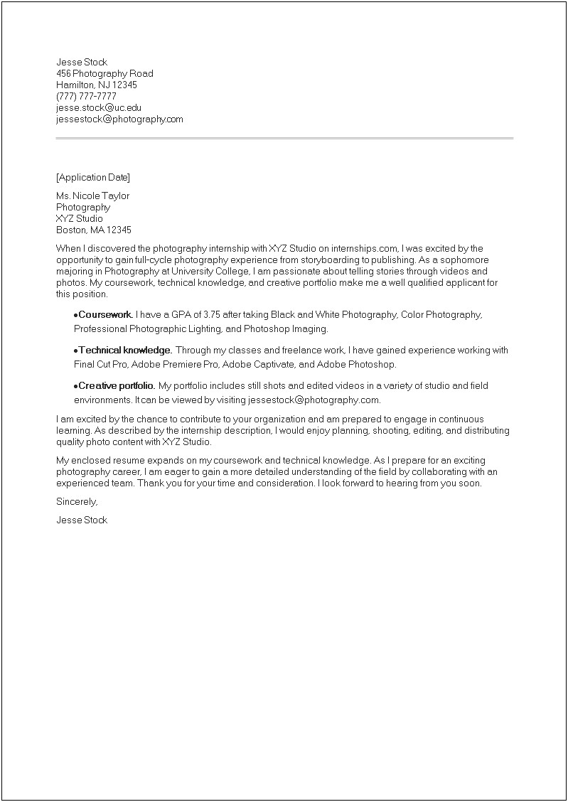 Sample Cover Letter For Photographer Resume