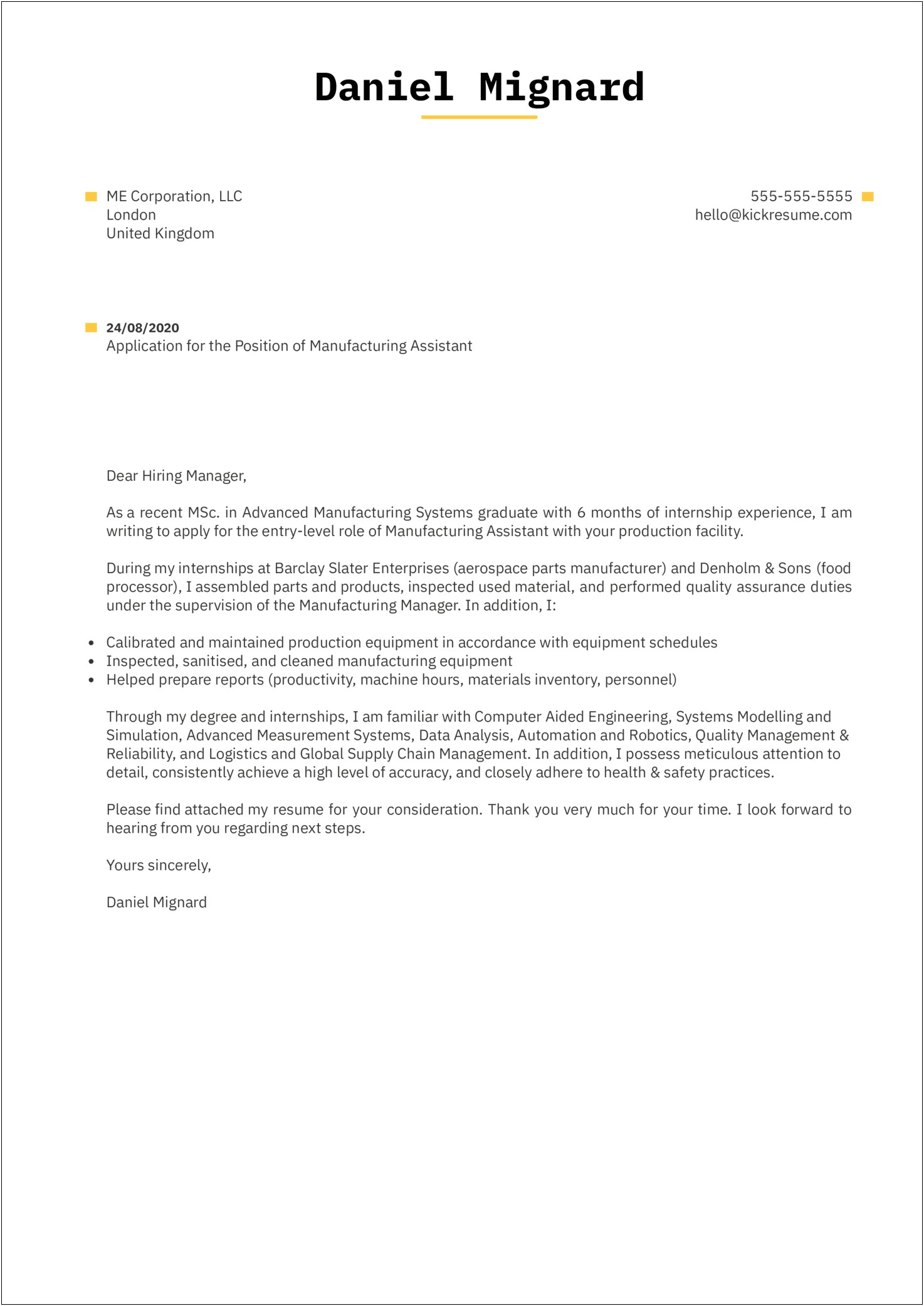 Sample Cover Letter For Resume Manufacturing