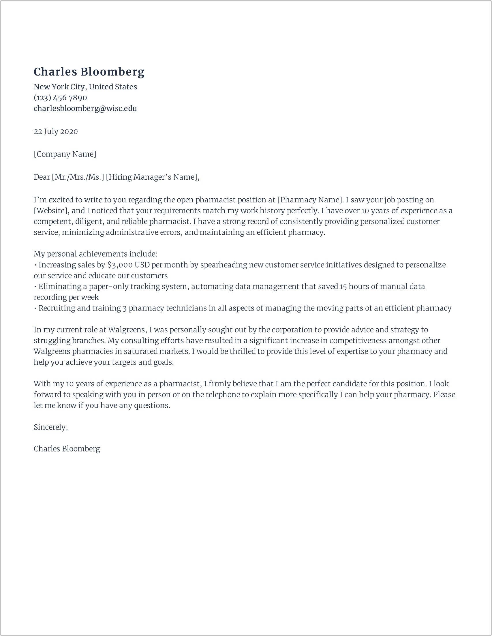 Sample Cover Letter For Resume Pharmacist