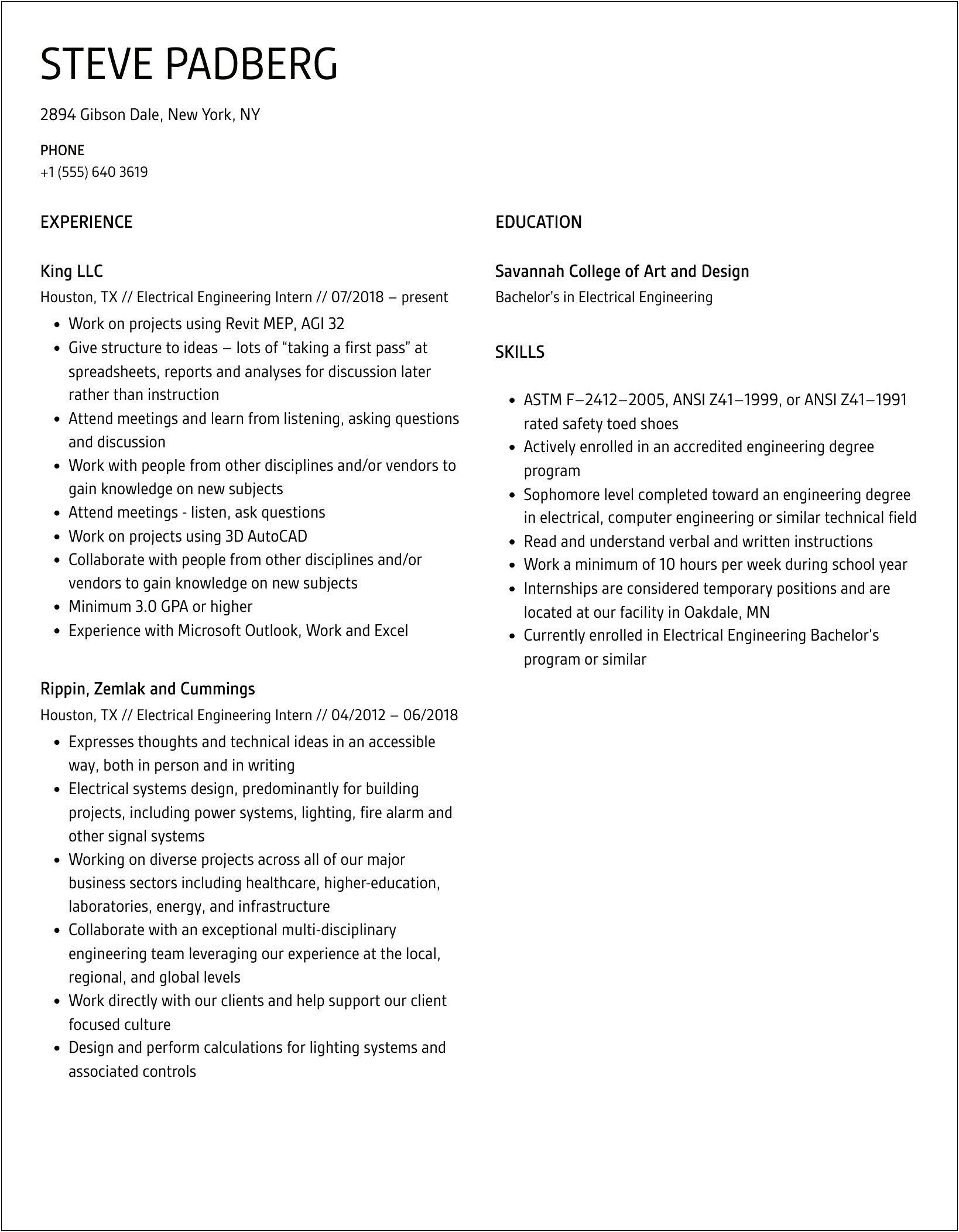 Sample Electronics And Instrumentation Intern Resume