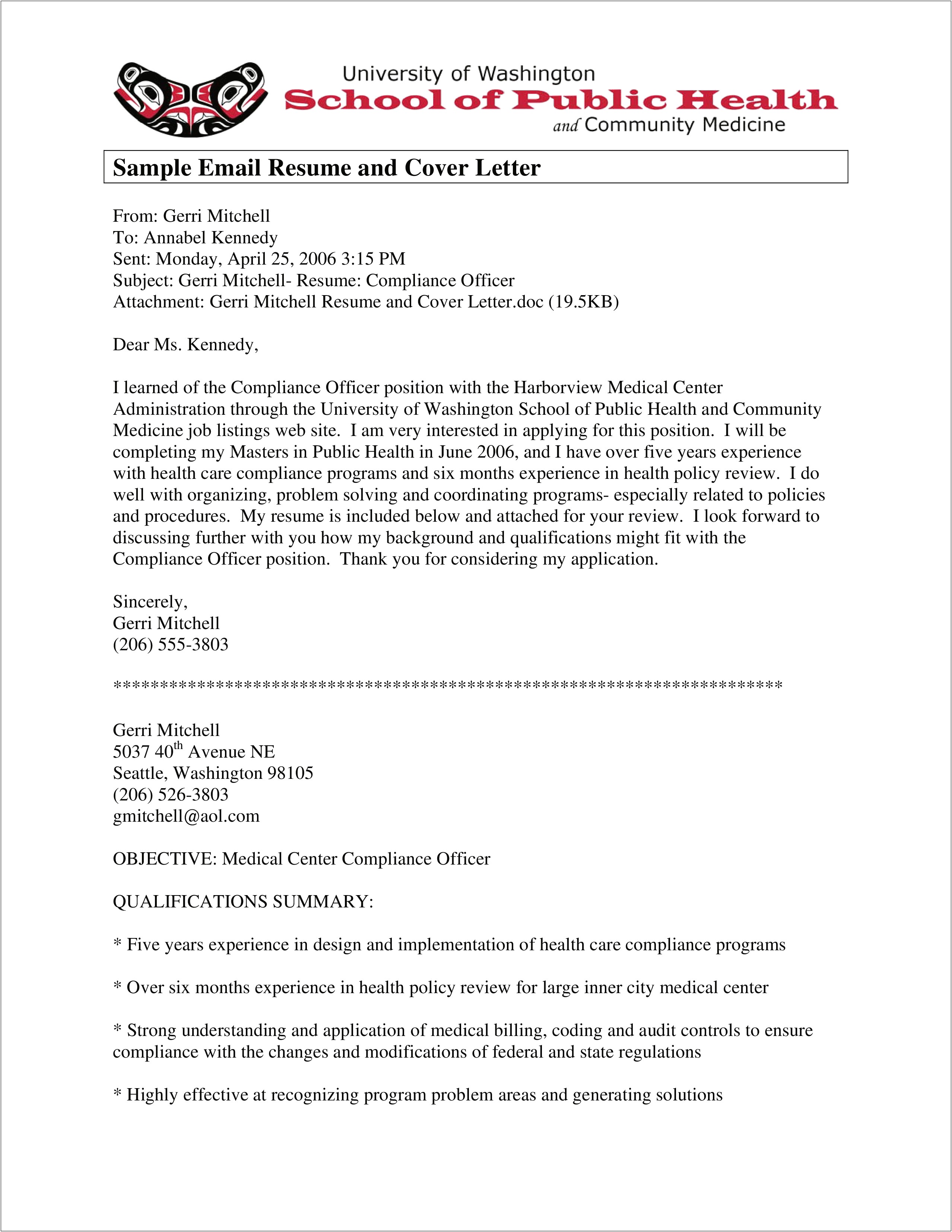 Sample Email To Send Cover Letter And Resume