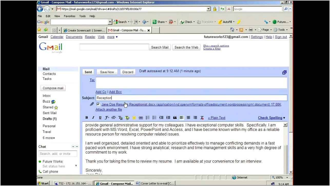Sample Email To Send Resume To Company