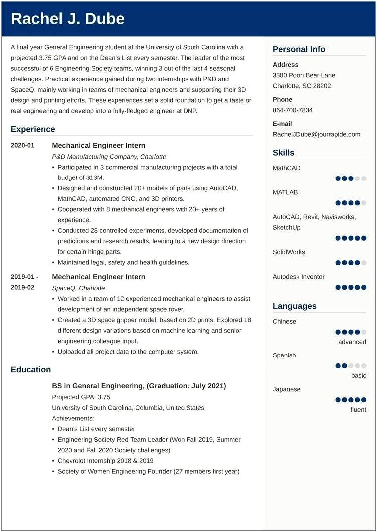 Sample Engineering Student Resume For Internship