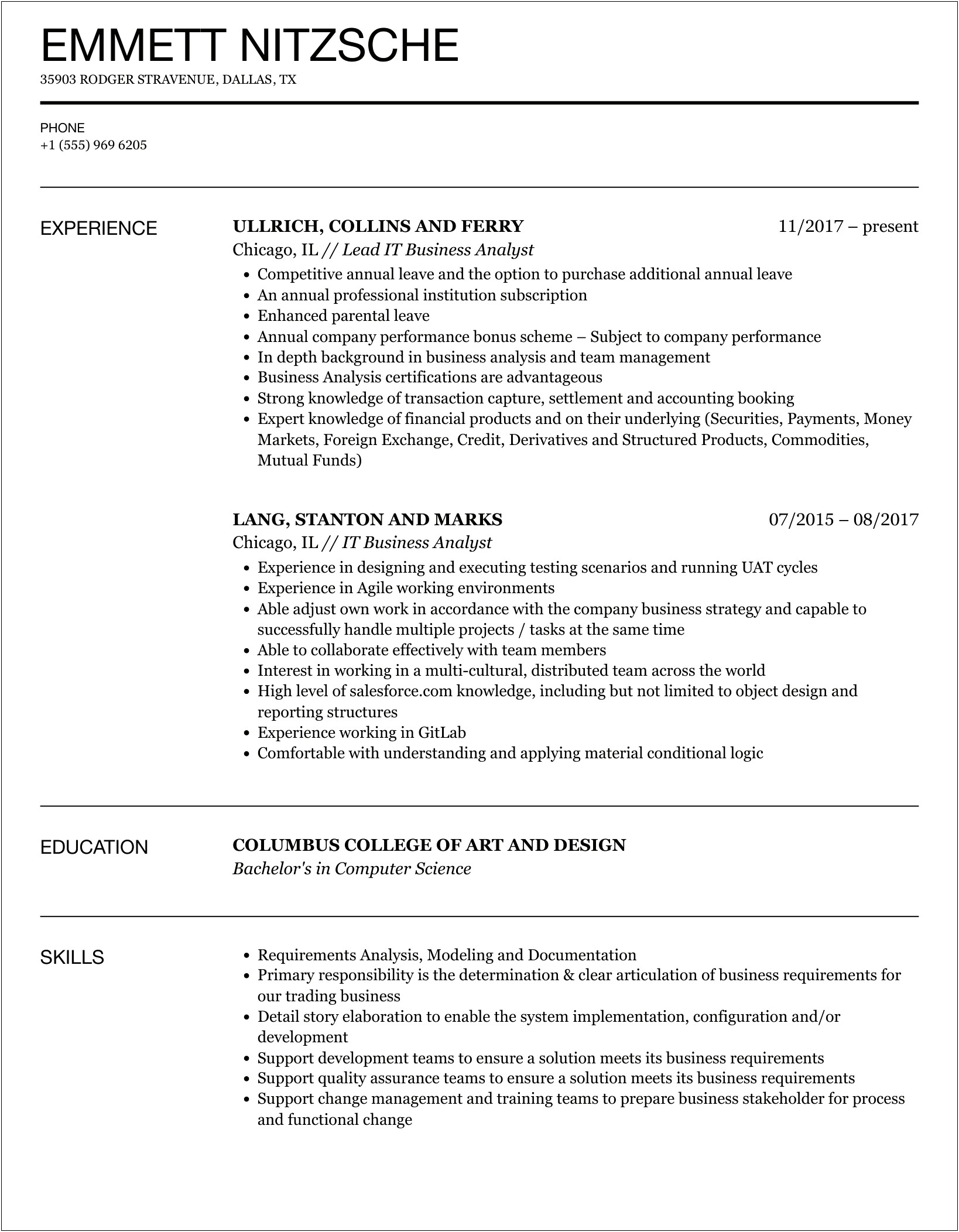 Sample Entry Level Business Analyst Resume