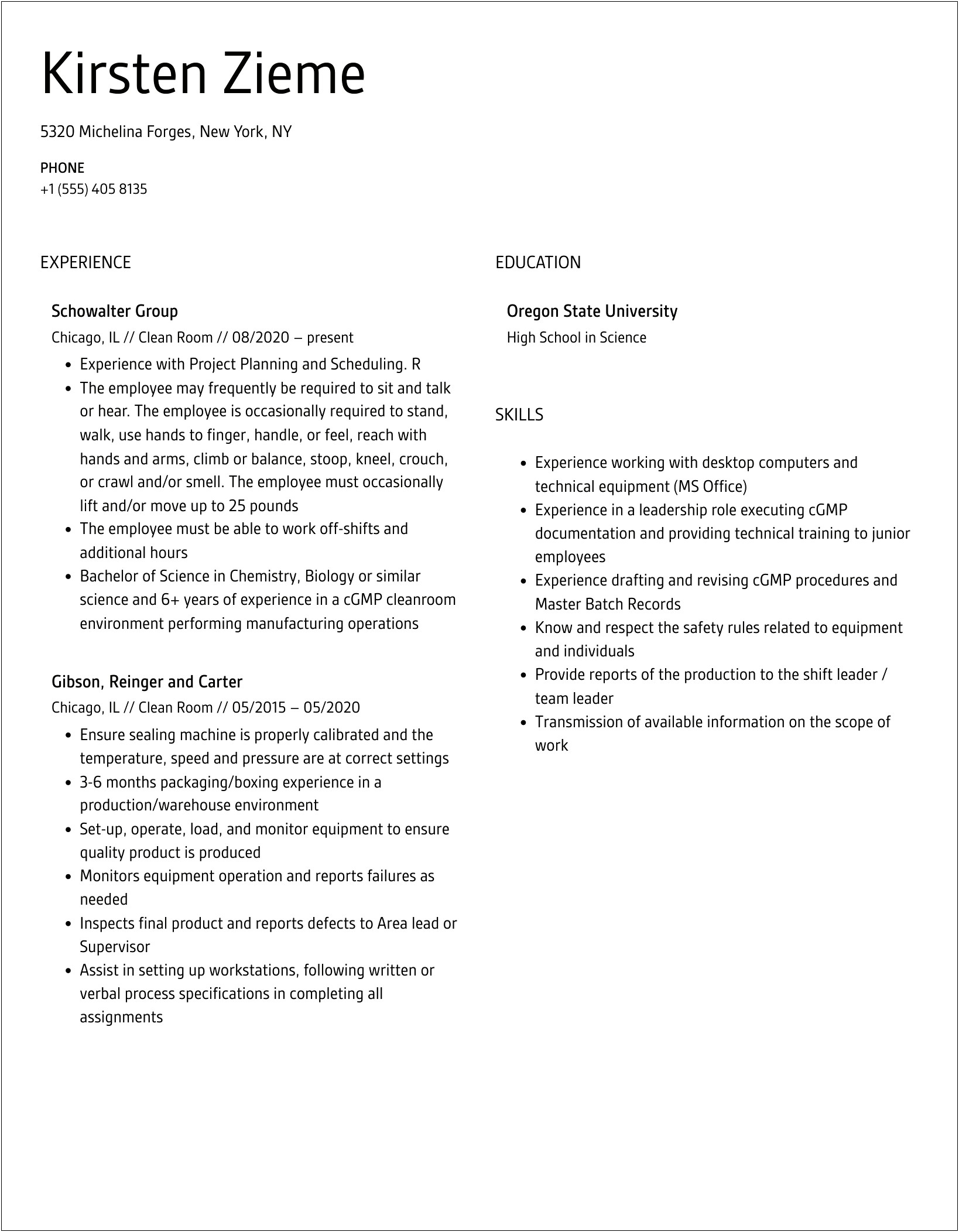 Sample Entry Level Clean Room Technician Resume