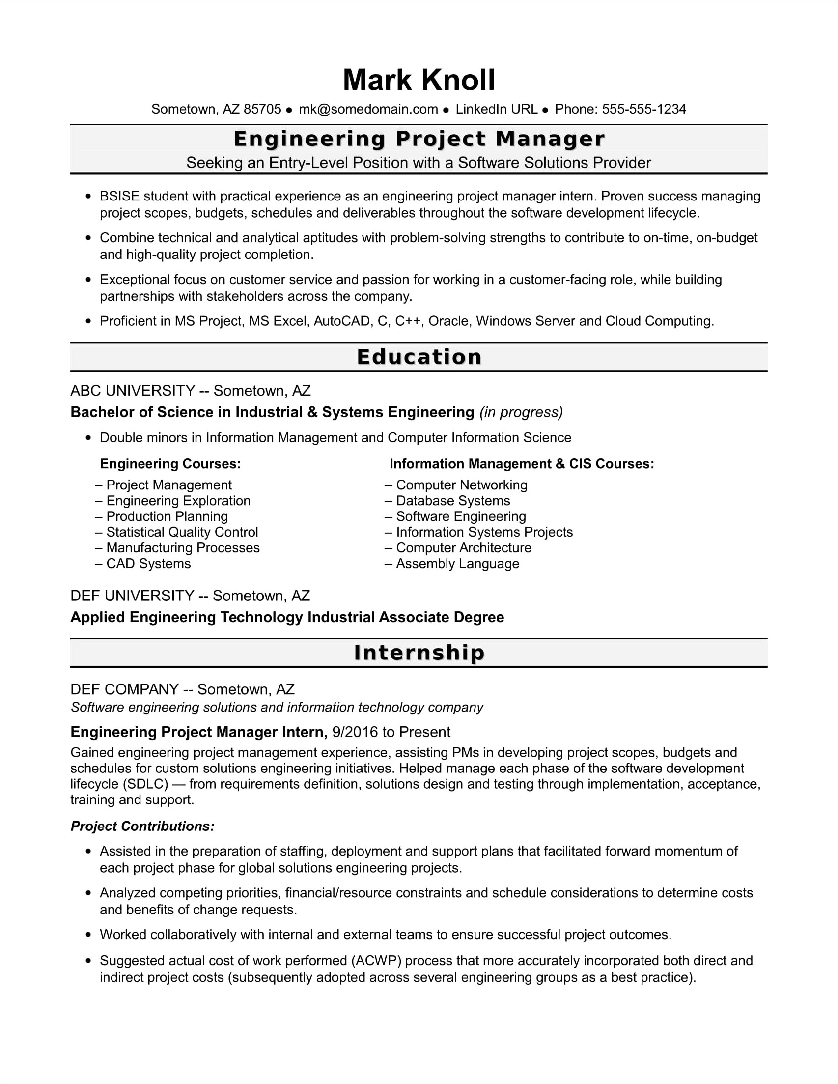 Sample Entry Level Infomation Technology Resume