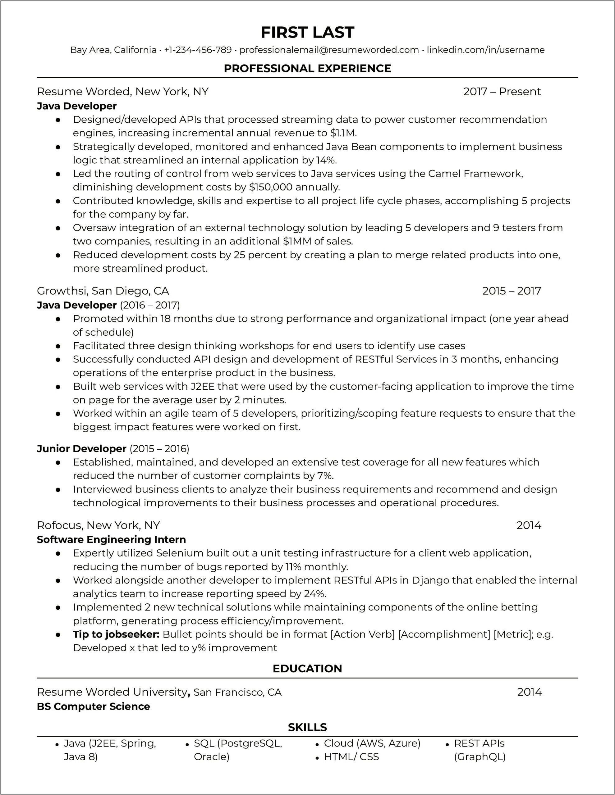 Sample Entry Level Java Developer Resume