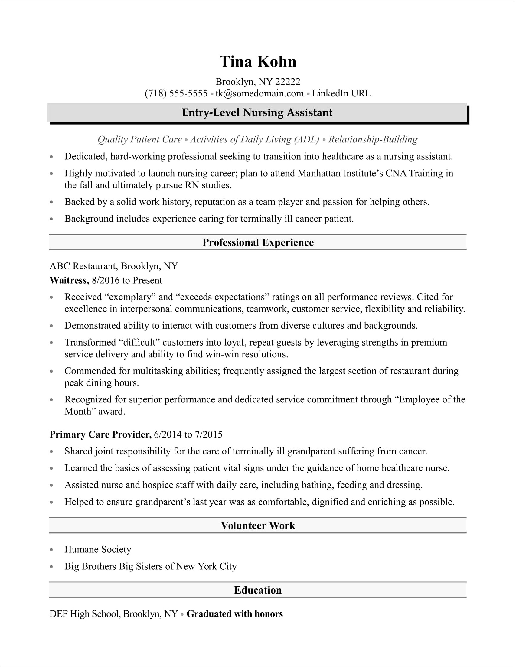 Sample Entry Level Resume For Cna